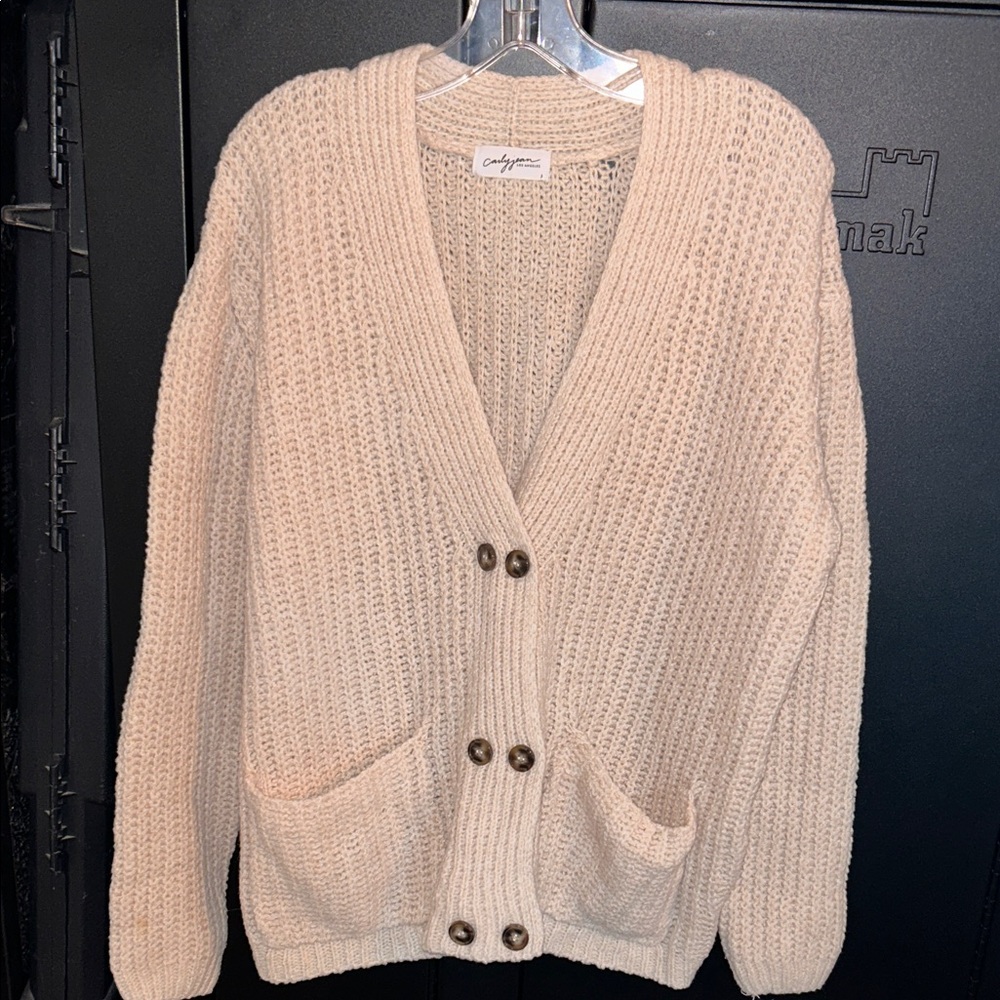 CARLY JEAN Women’s Knit Cardigan Cream Large Double Buttons Grandpa Cottage Cozy